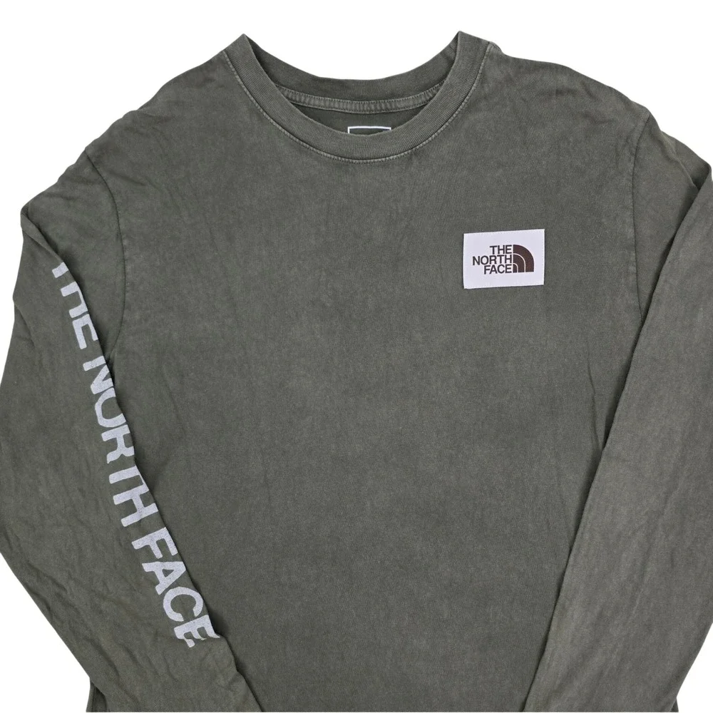 The North Face Long Sleeve Shirt Mens Large Olive Green Sleeve Logo Patch Tee